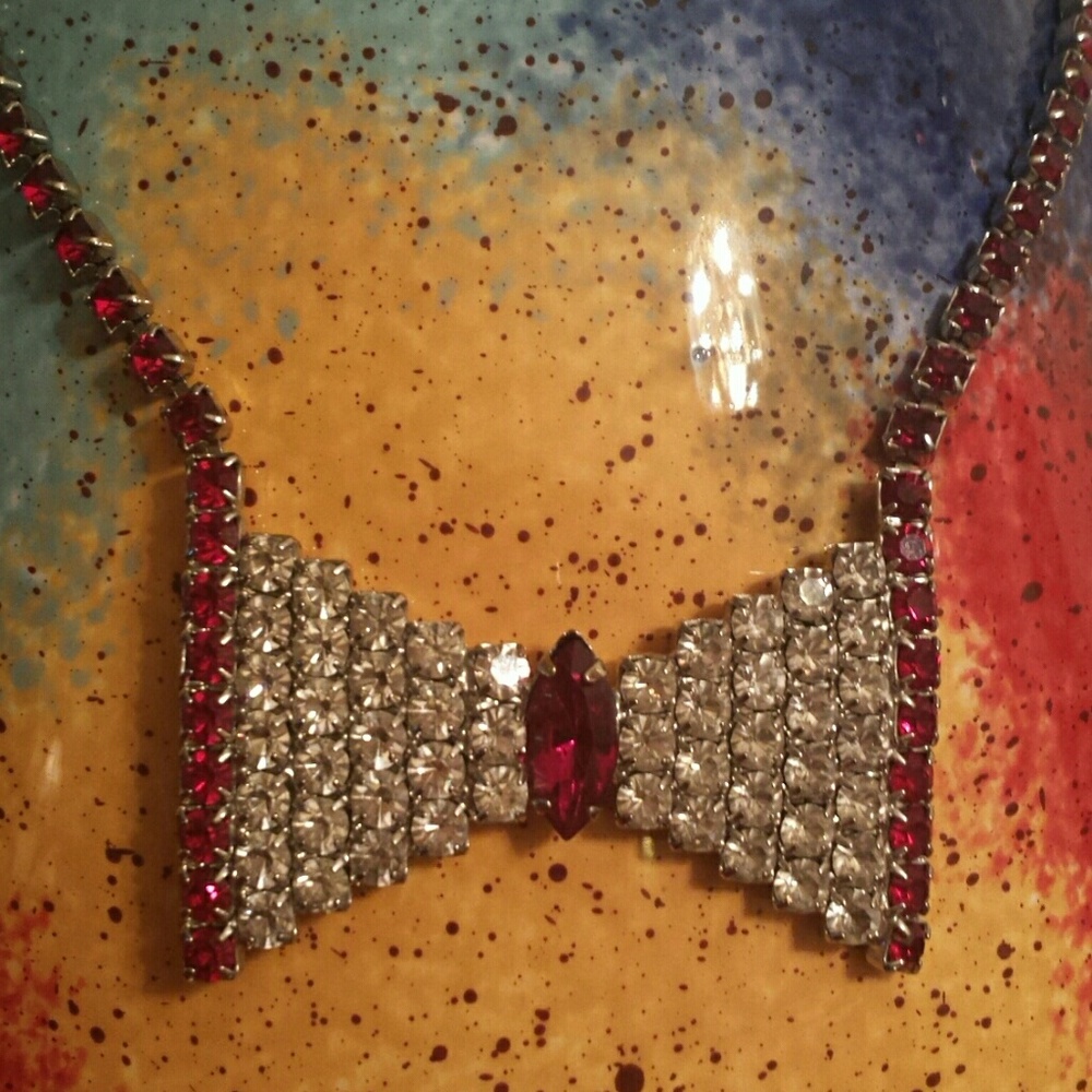 Faux Ruby & Diamond Bowtie Necklace